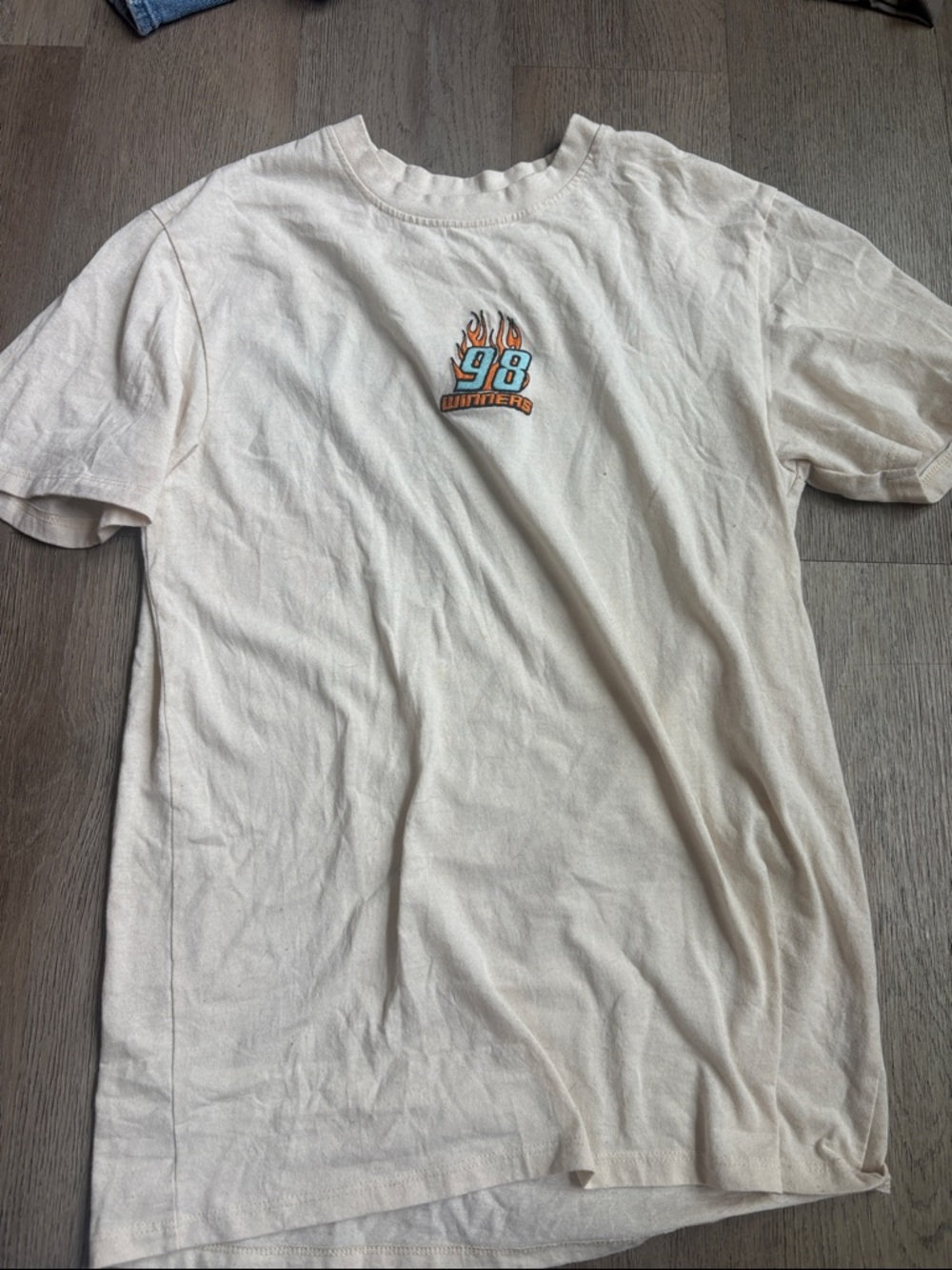 Men's Short Sleeve Cream Graphic Tee with '98' Flame Patch
